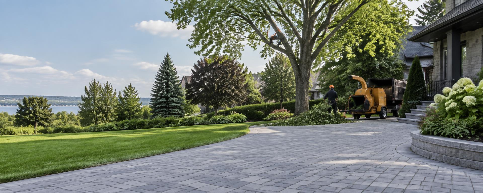 Propriété résidentielle avec arbre mature et entrée en pavé-uni